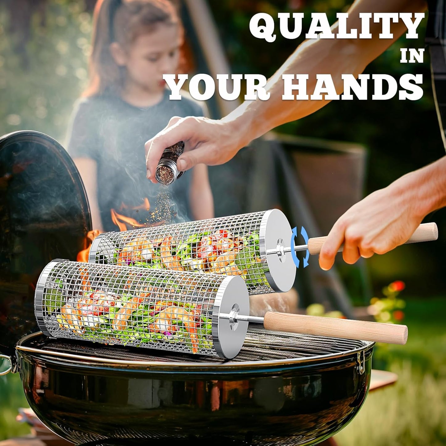 Stainless Steel BBQ Basket with Wooden Handle Portable Rolling Grill for Vegetables