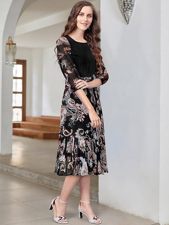 Trendy Chiffon Western Dress for Women Midi Dress Stylish Outfit Perfect for Work and Events