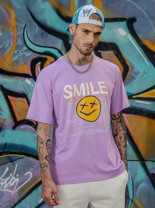 Lilac Oversized T-Shirt with Smile Chest Graphic Print Comfortable and Trendy