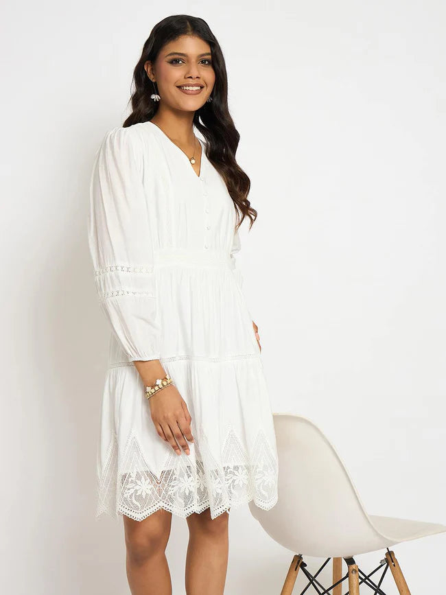 White Rayon Blend Dress with Lace Detailing Women’s Outfit Perfect for Office, Outings, and Special Events
