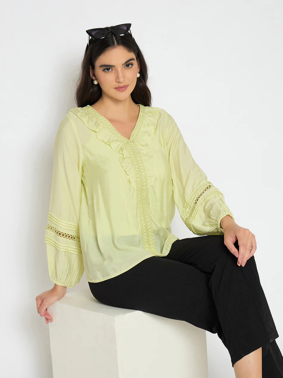 Trendy Casual Women’s Frill Neck Cool Matcha Viscose Blend Top Loose Fit Summer Top