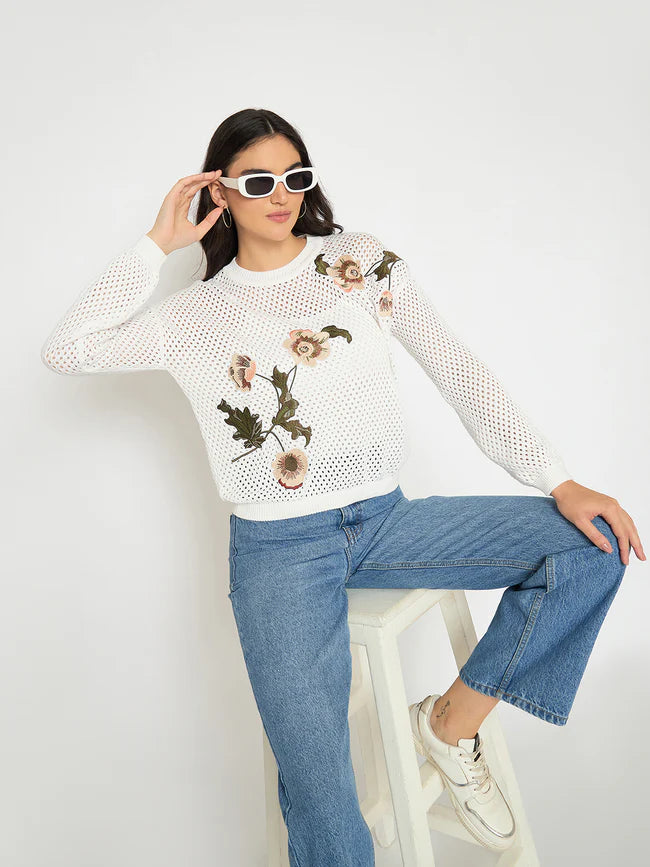 Fashionable Women’s Embroidered Semi Sheer Off White Knitted Top Comfortable Casual Loose Fit Top