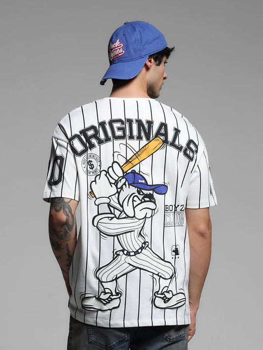 Drop Shoulder White Striped Baseball T Shirt Mens Streetwear