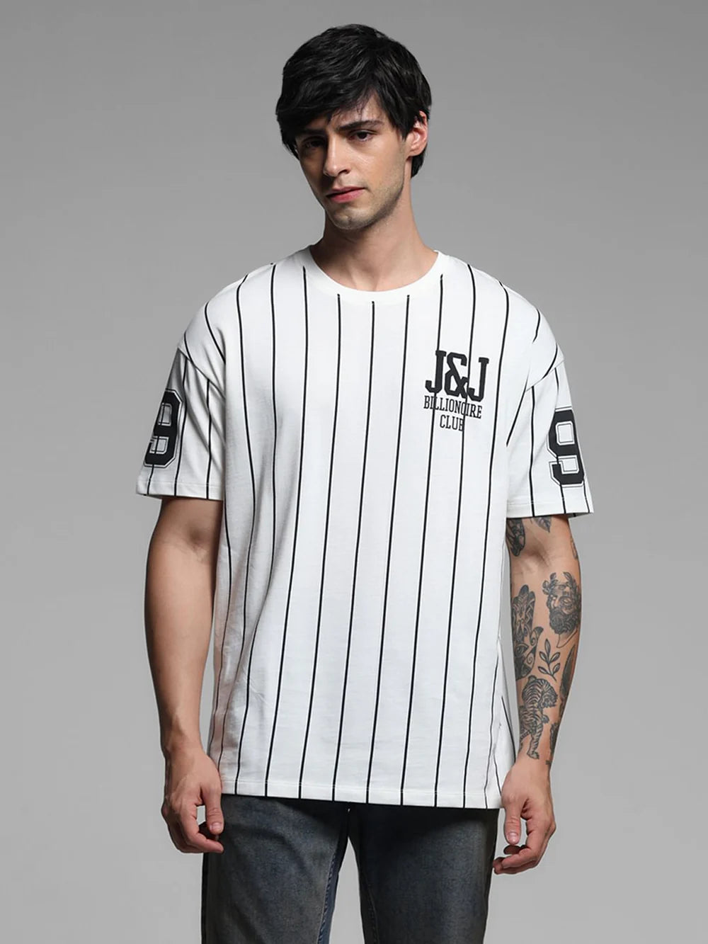Drop Shoulder White Striped Baseball T Shirt Mens Streetwear
