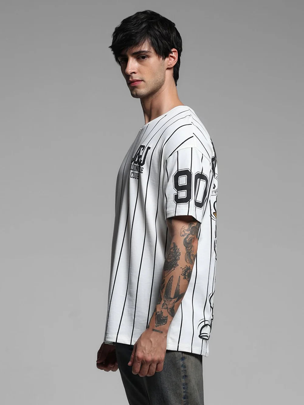 Drop Shoulder White Striped Baseball T Shirt Mens Streetwear