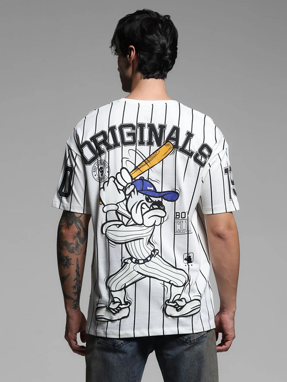 Drop Shoulder White Striped Baseball T Shirt Mens Streetwear