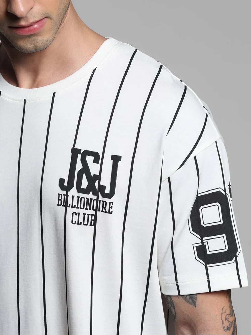 Drop Shoulder White Striped Baseball T Shirt Mens Streetwear