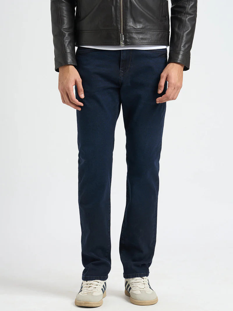 Durable Dark Blue Mid Rise Straight Fit Jeans with Authentic Denim Look
