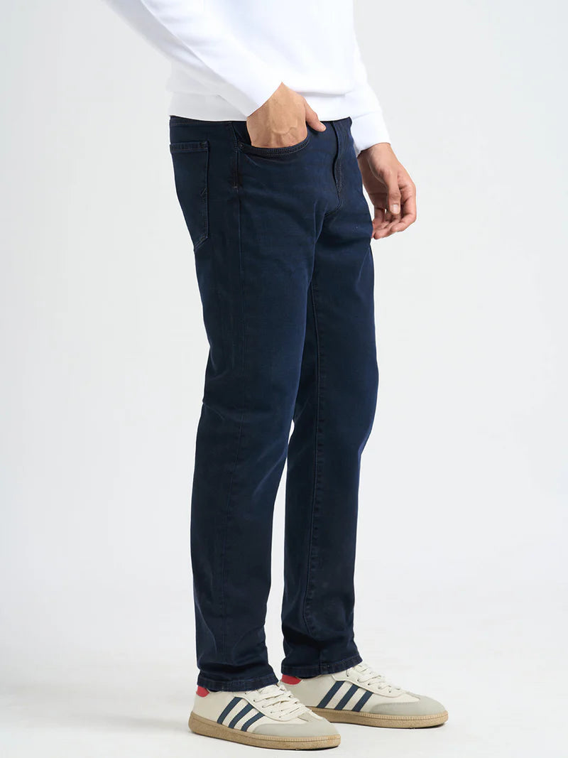 Durable Dark Blue Mid Rise Straight Fit Jeans with Authentic Denim Look