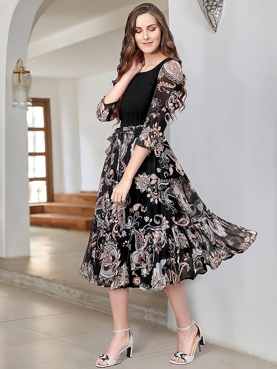 Trendy Chiffon Western Dress for Women Midi Dress Stylish Outfit Perfect for Work and Events