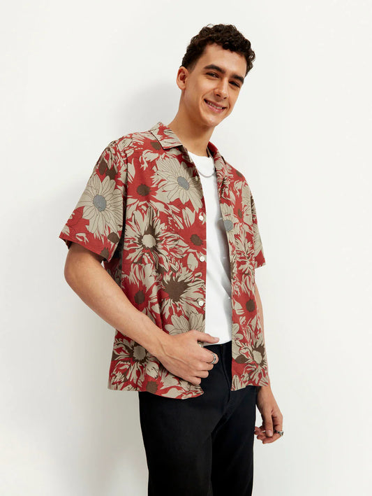 Lightweight Floral Linen Shirt for Men with Resort Collar and Comfortable Relaxed Fit