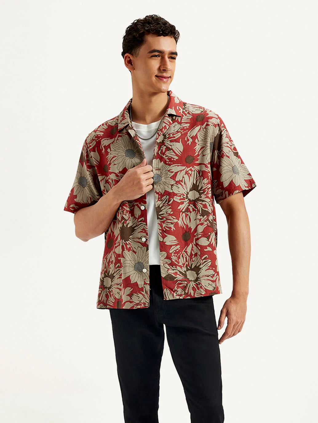 Lightweight Floral Linen Shirt for Men with Resort Collar and Comfortable Relaxed Fit