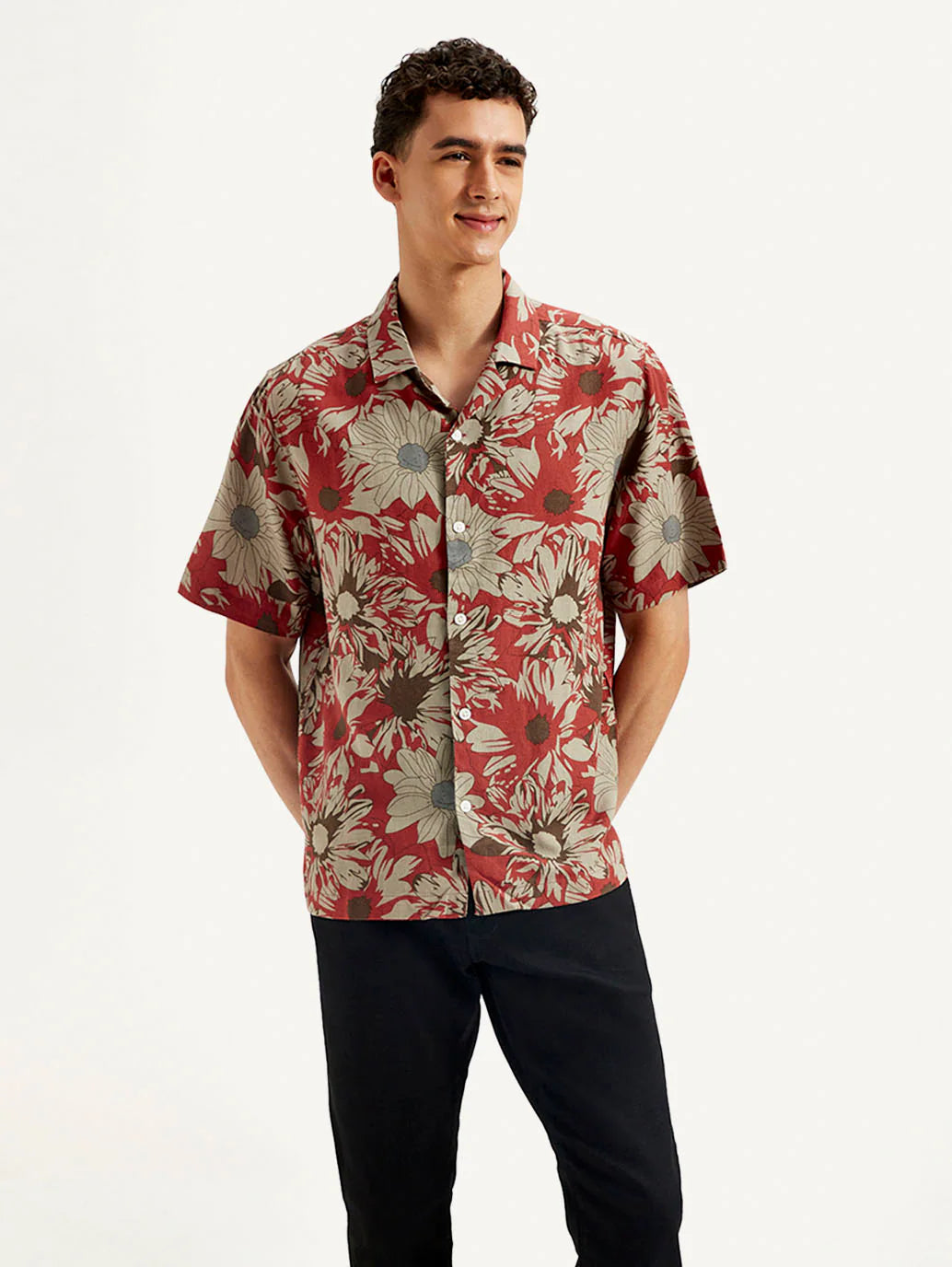 Lightweight Floral Linen Shirt for Men with Resort Collar and Comfortable Relaxed Fit