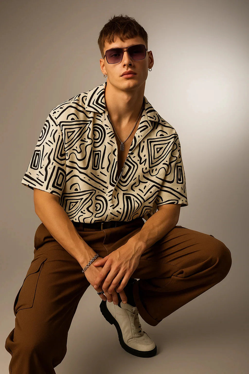 Exclusive White and Black Oversized Shirt with Camp Collar and Printed Design