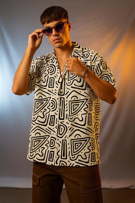 Exclusive White and Black Oversized Shirt with Camp Collar and Printed Design