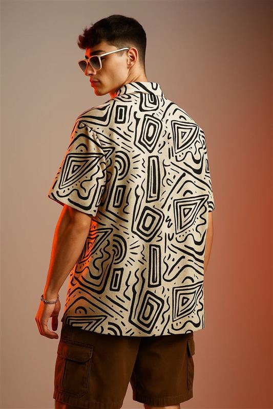 Exclusive White and Black Oversized Shirt with Camp Collar and Printed Design