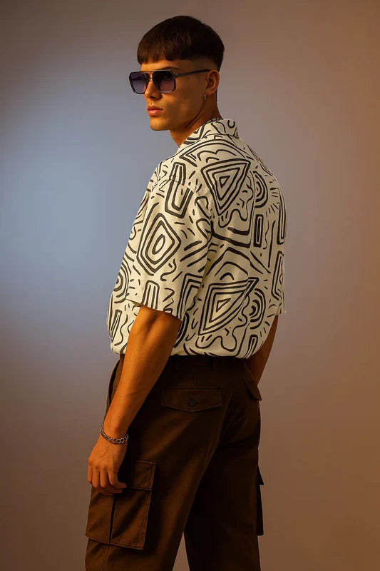 Exclusive White and Black Oversized Shirt with Camp Collar and Printed Design