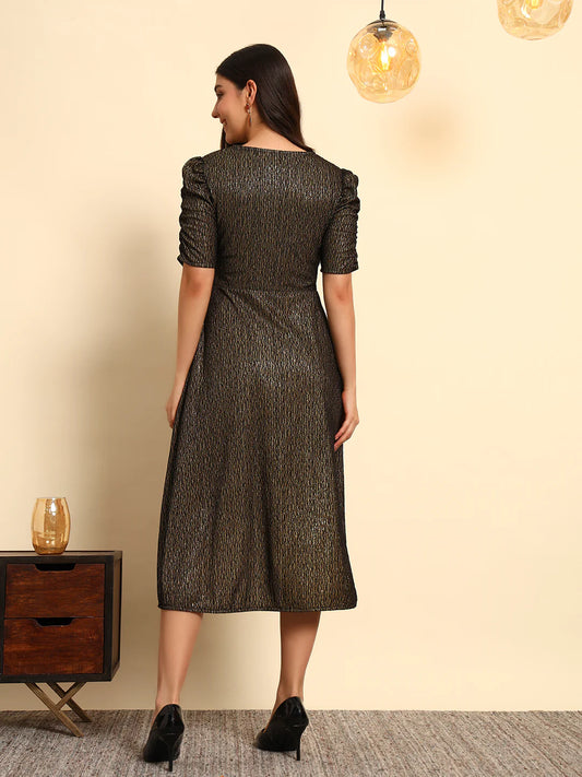 Glam Mini Women’s Black Gold Shimmer Wrap with Puff Sleeves Sleek Fit Trendy Look for Parties
