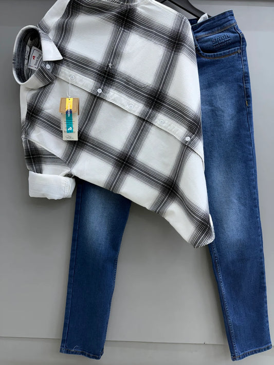 Relaxed Fit Men’s Denim Jeans and Checkered Shirt Stylish Outfit for Work and Outings