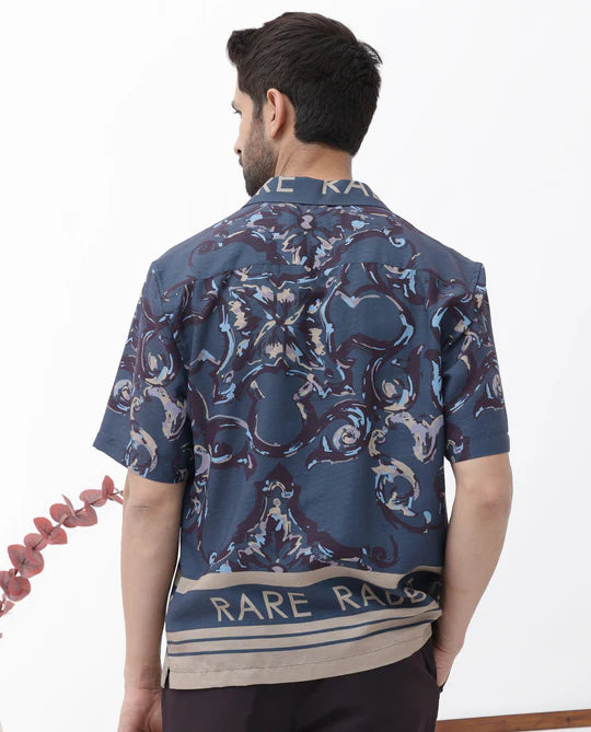 Relaxed Fit Boxy Shirt in Dark Navy with Abstract Print Perfect for Day-to-Day Wear