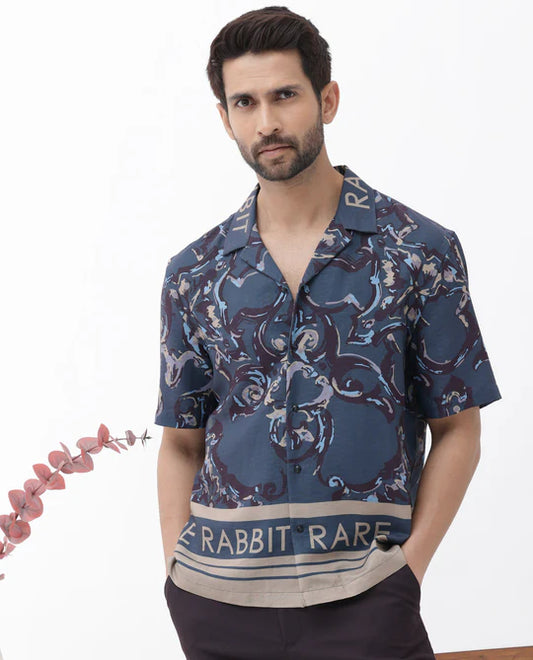 Relaxed Fit Boxy Shirt in Dark Navy with Abstract Print Perfect for Day-to-Day Wear