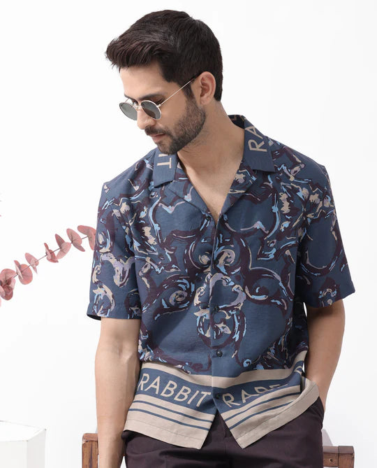 Relaxed Fit Boxy Shirt in Dark Navy with Abstract Print Perfect for Day-to-Day Wear
