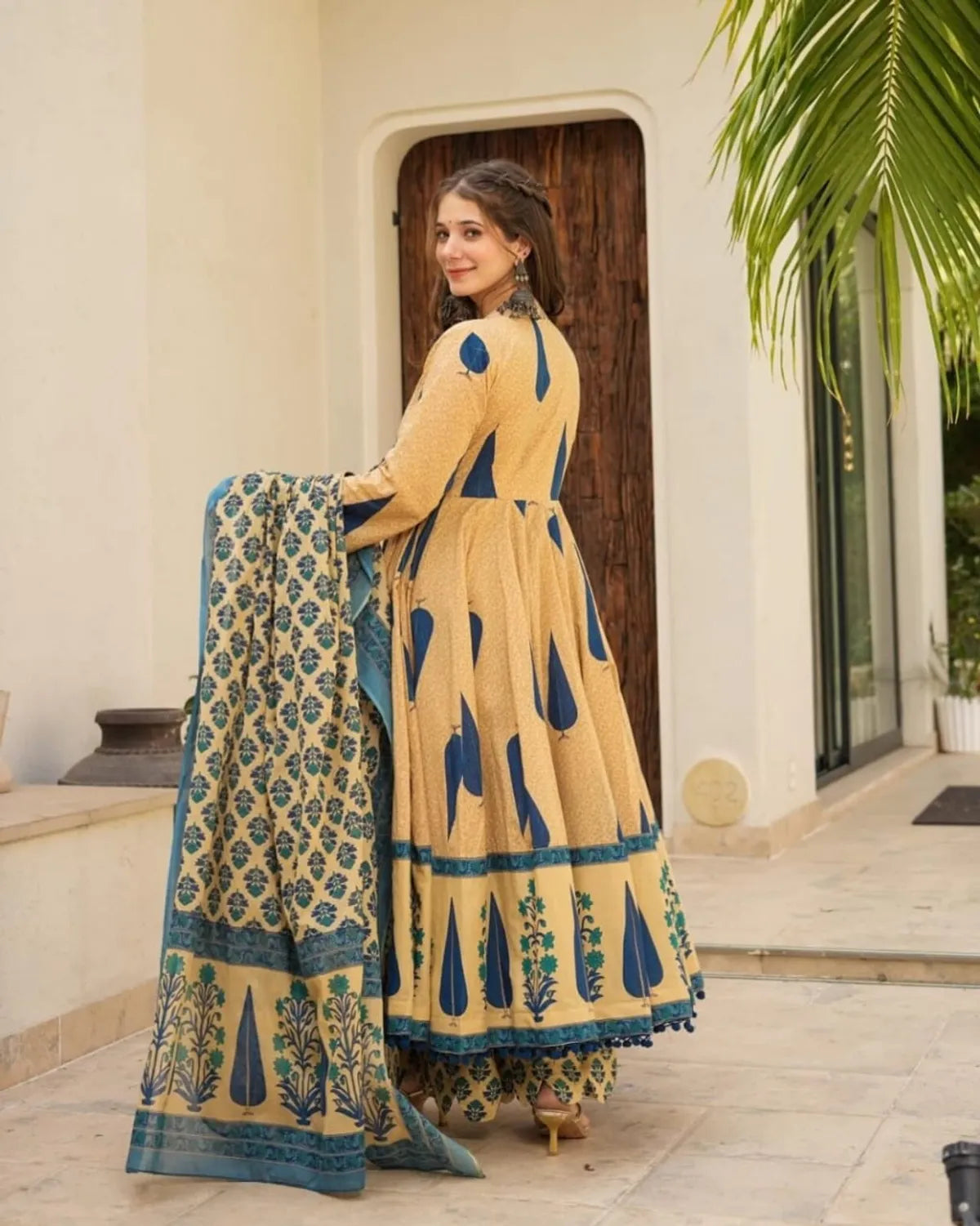 Traditional Blue and Brown Cotton Kurta with Pant and Dupatta Ensemble