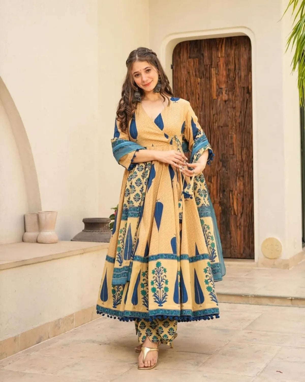 Traditional Blue and Brown Cotton Kurta with Pant and Dupatta Ensemble