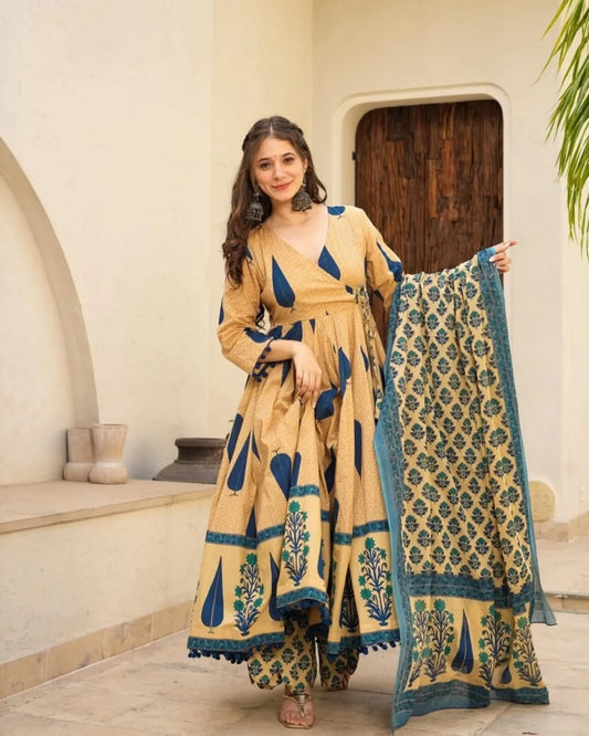 Traditional Blue and Brown Cotton Kurta with Pant and Dupatta Ensemble