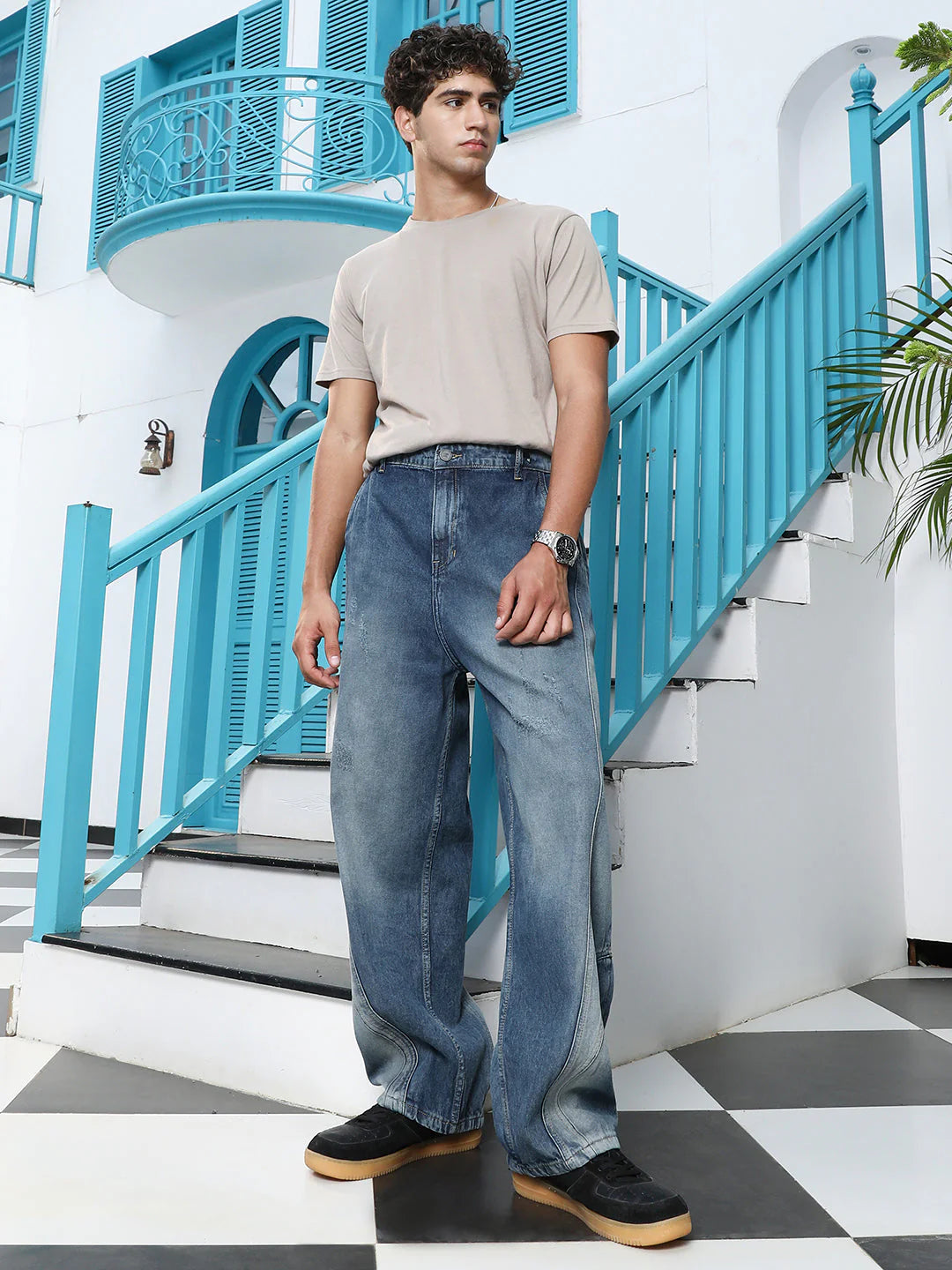 Premium Light Distressed Panelled Denim Jeans for Men Fashionable Relaxed Fit Denim for Casual and Party Wear