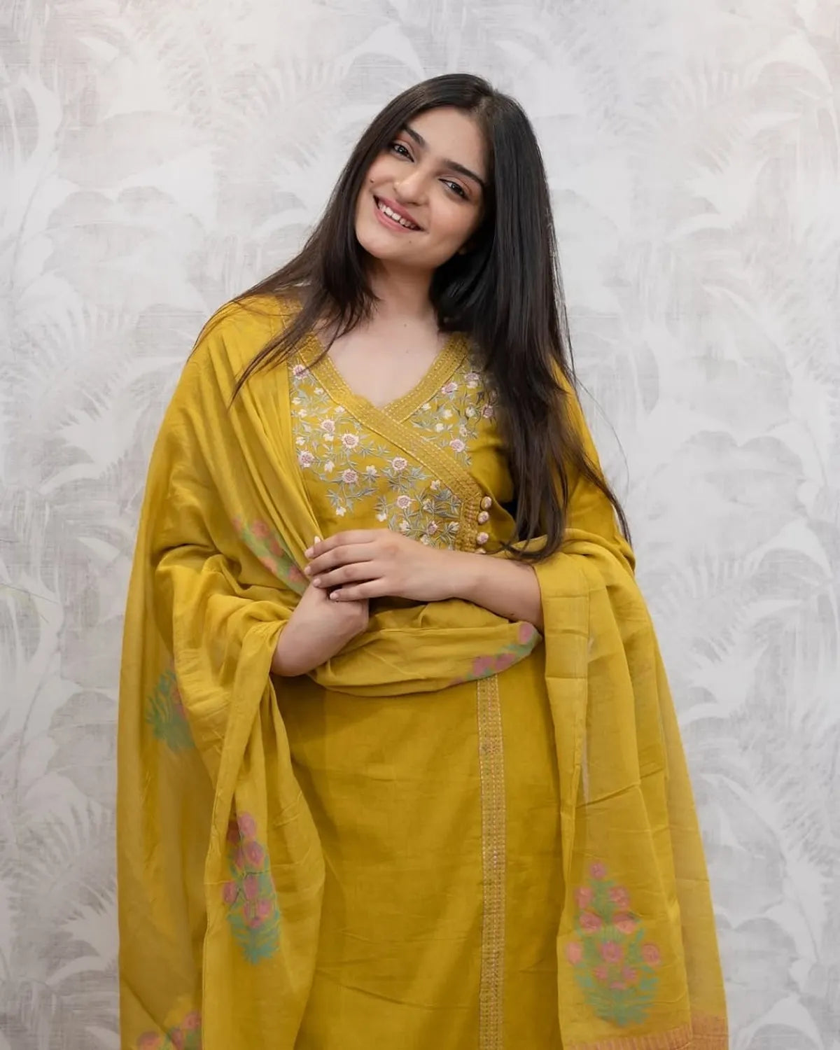 Graceful Yellow Cotton Embroidered Suit Set with Pant and Dupatta