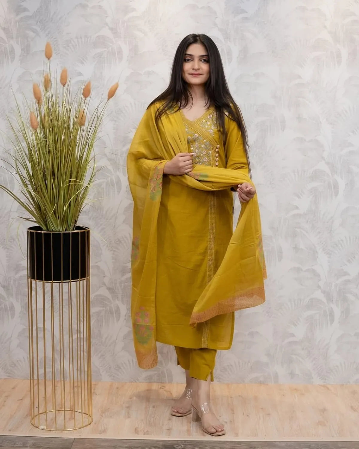 Graceful Yellow Cotton Embroidered Suit Set with Pant and Dupatta