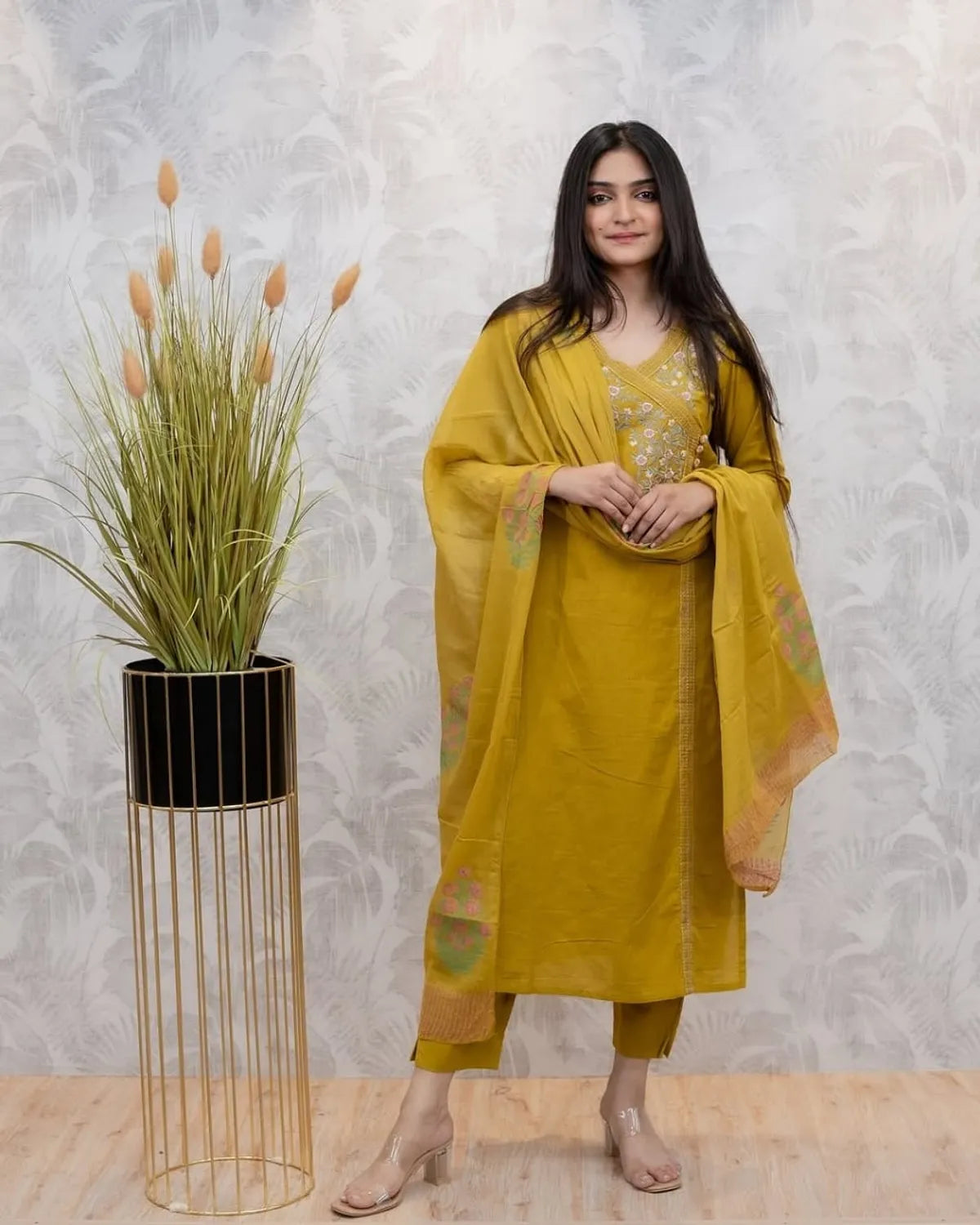 Graceful Yellow Cotton Embroidered Suit Set with Pant and Dupatta