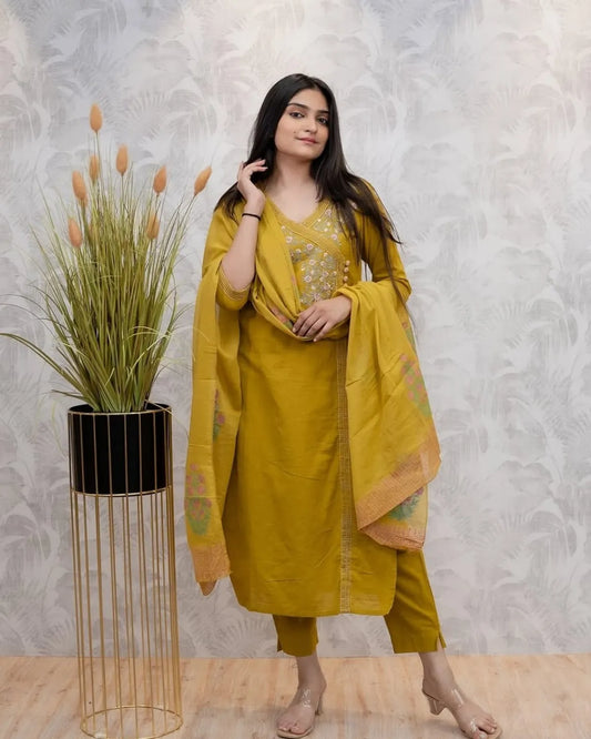 Graceful Yellow Cotton Embroidered Suit Set with Pant and Dupatta