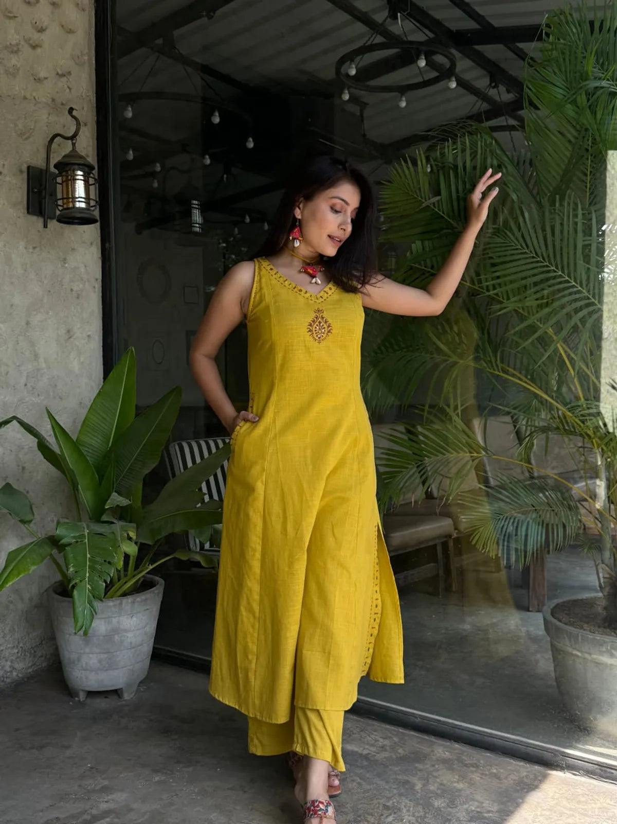 Charming Yellow Cotton Embroidered Kurta with Stylish Pant Set