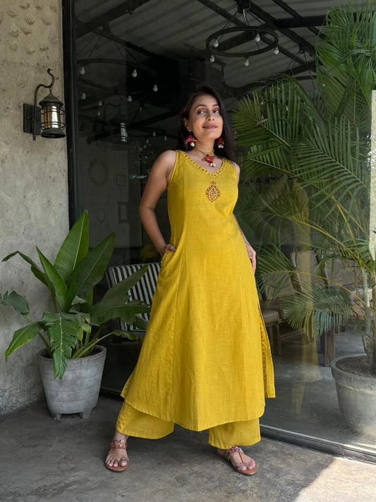 Charming Yellow Cotton Embroidered Kurta with Stylish Pant Set