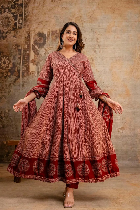 Festive Cotton Printed Anarkali Kurta with Coordinated Pant and Dupatta