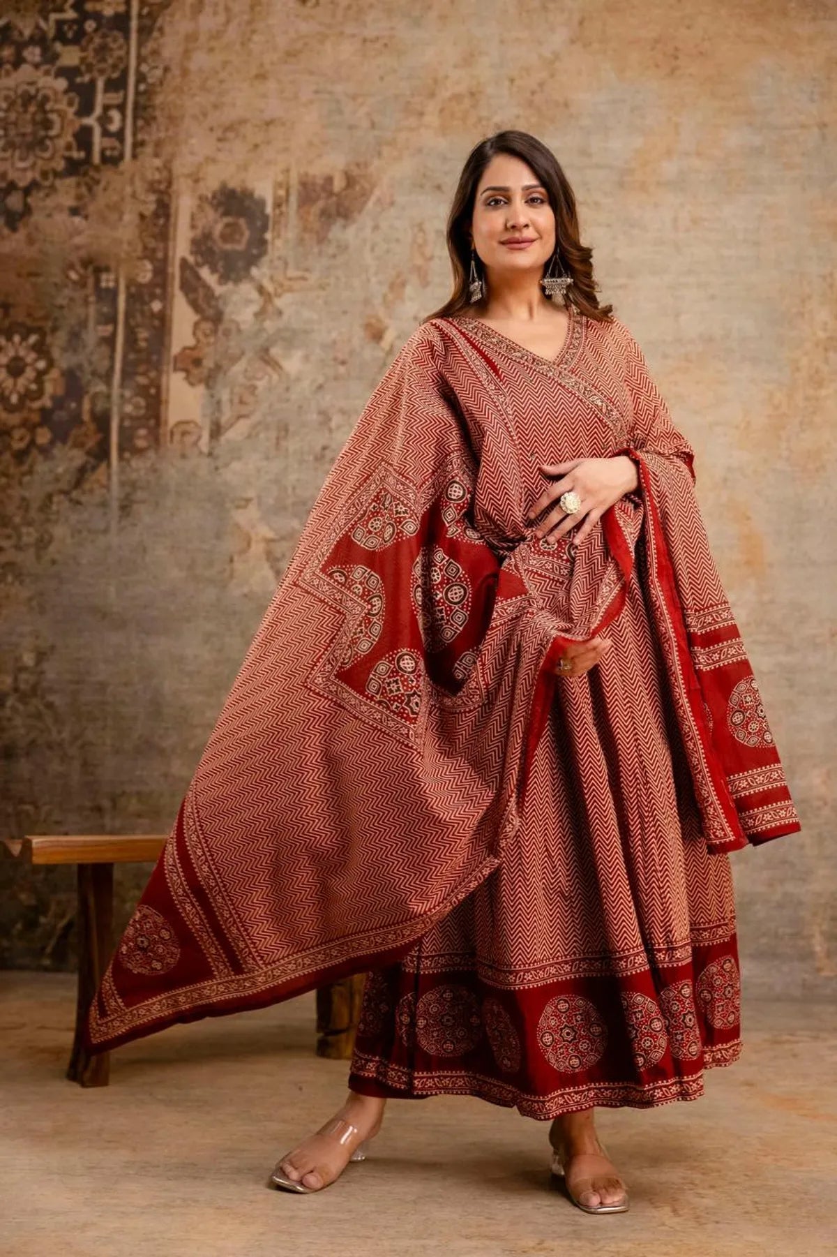 Festive Cotton Printed Anarkali Kurta with Coordinated Pant and Dupatta