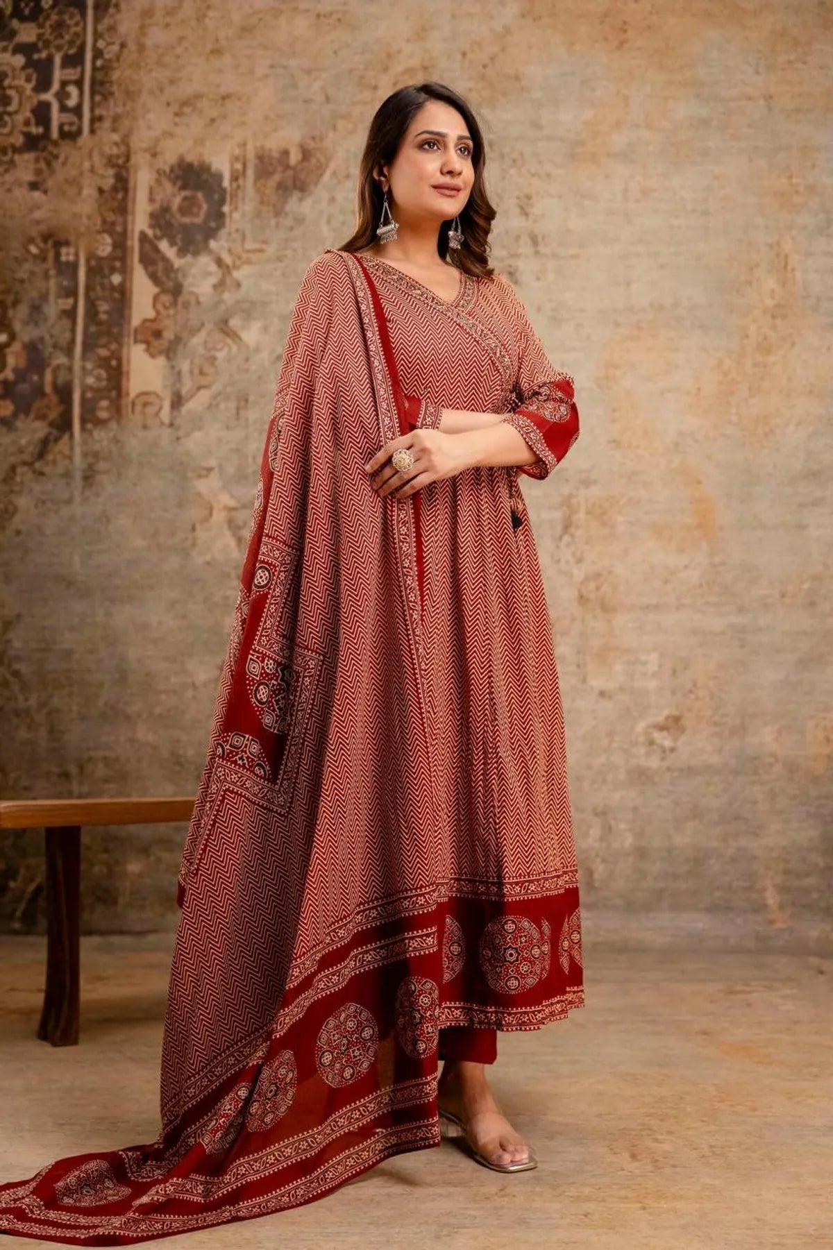 Festive Cotton Printed Anarkali Kurta with Coordinated Pant and Dupatta