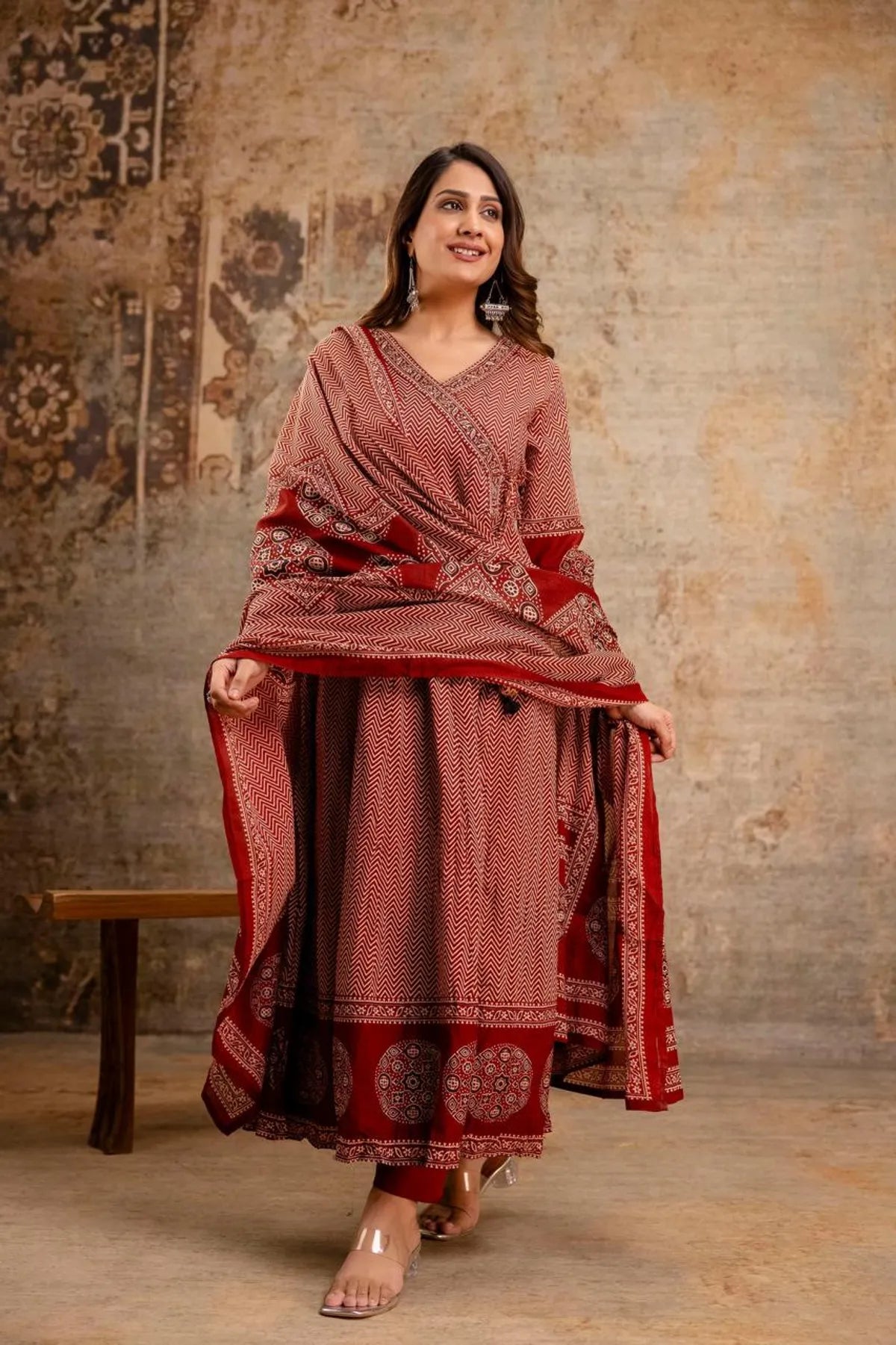 Festive Cotton Printed Anarkali Kurta with Coordinated Pant and Dupatta
