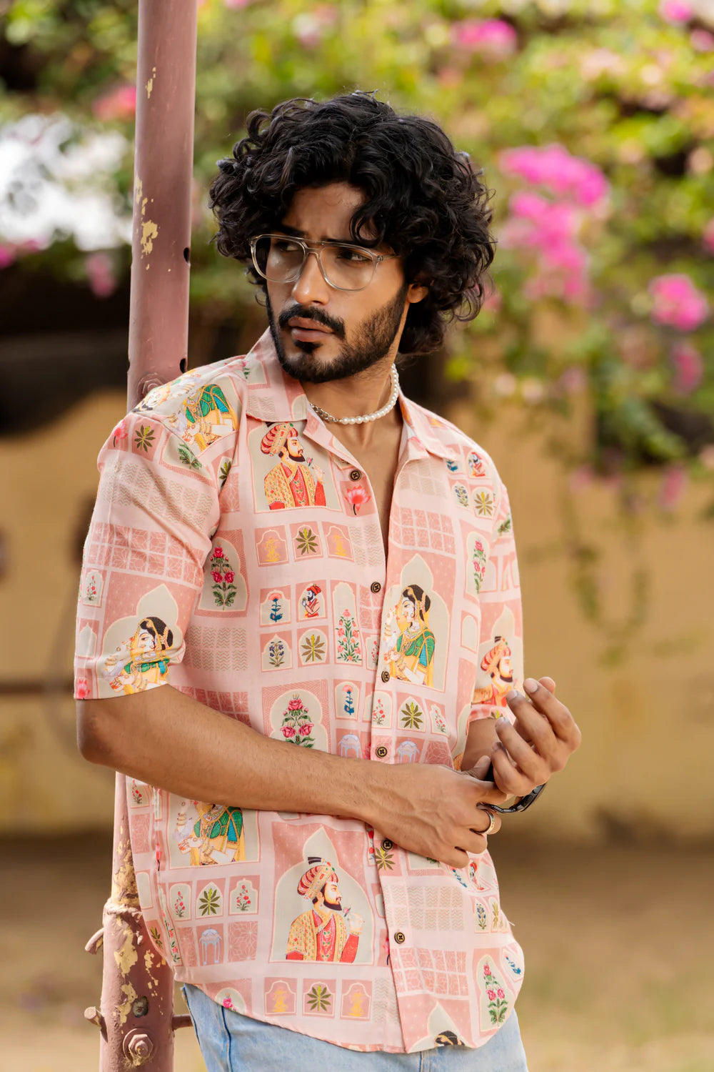 Lightweight Oversized Cuban Collar Shirt with Mughal Print Fusion Detailing