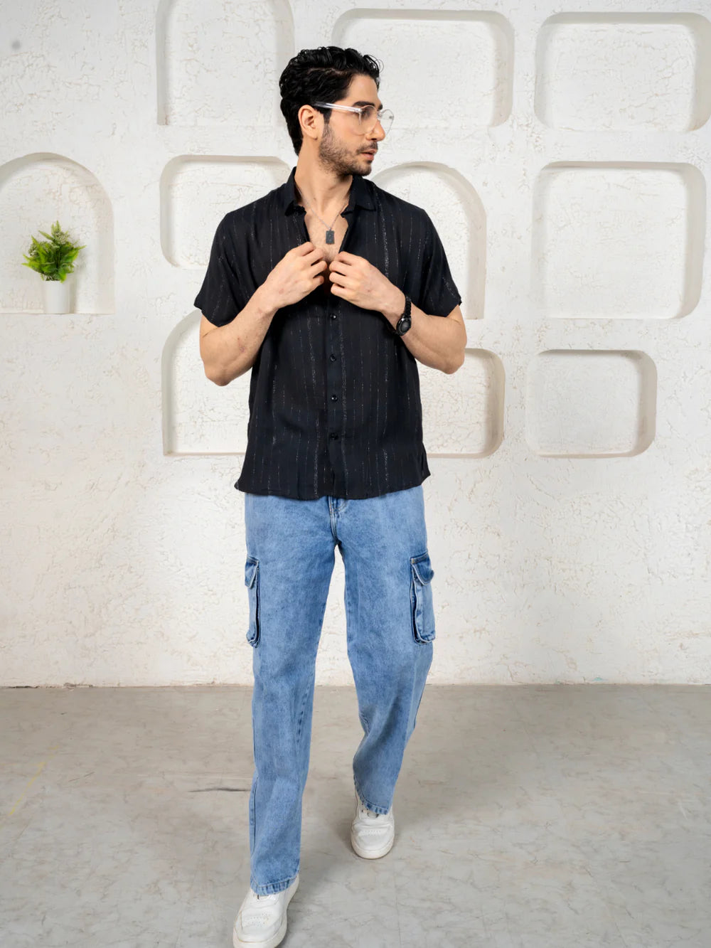 Relaxed Fit Black Silver Party Shirt in Flowing Cotton Lurex with Half Sleeves