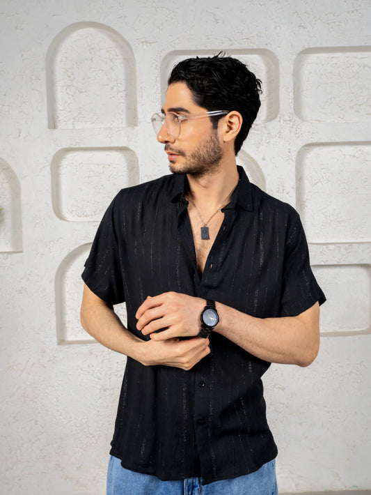Relaxed Fit Black Silver Party Shirt in Flowing Cotton Lurex with Half Sleeves