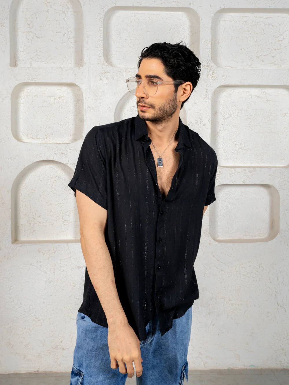 Relaxed Fit Black Silver Party Shirt in Flowing Cotton Lurex with Half Sleeves