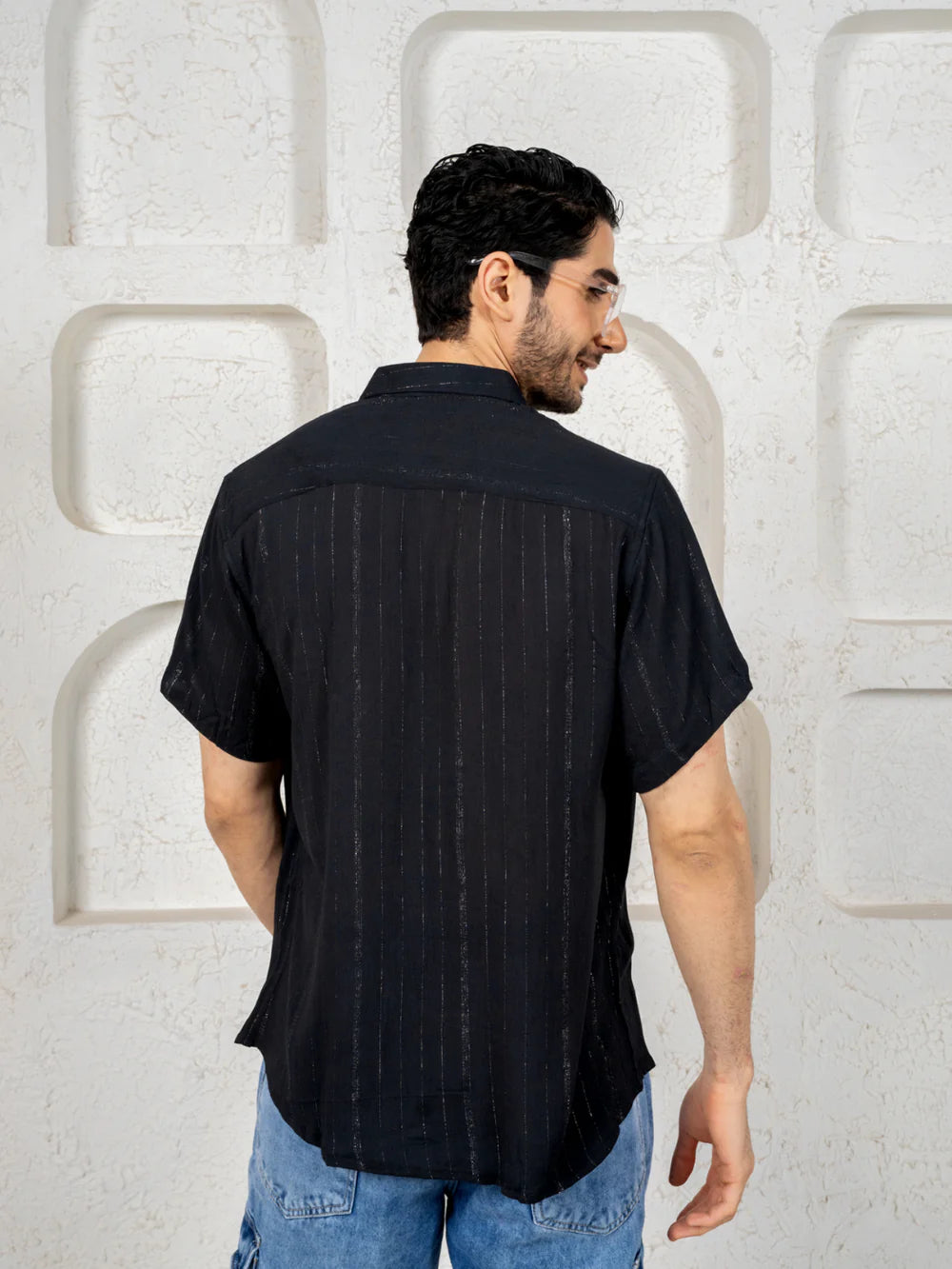 Relaxed Fit Black Silver Party Shirt in Flowing Cotton Lurex with Half Sleeves