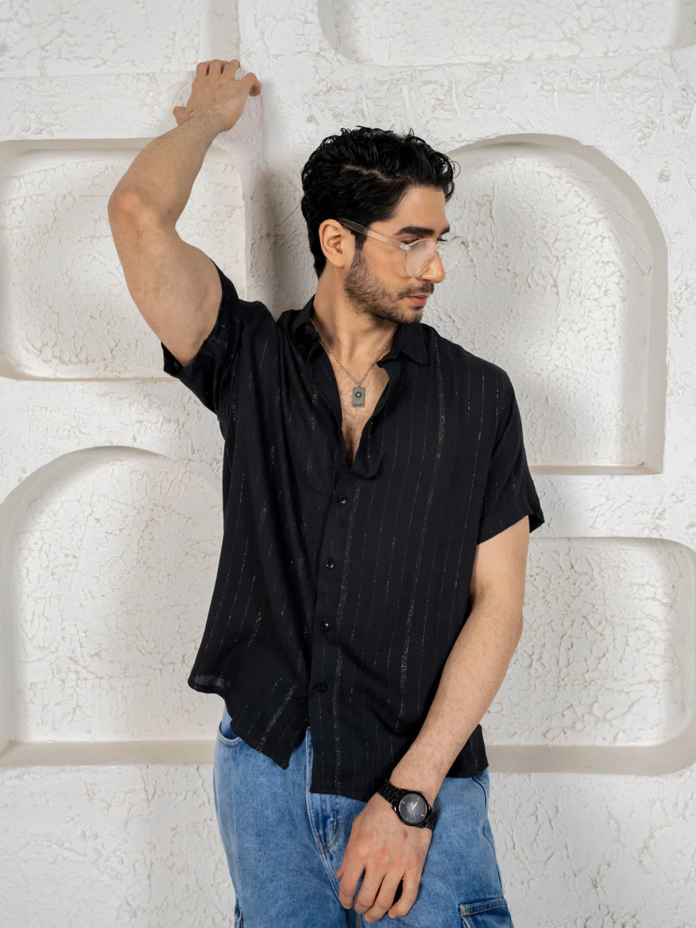 Relaxed Fit Black Silver Party Shirt in Flowing Cotton Lurex with Half Sleeves