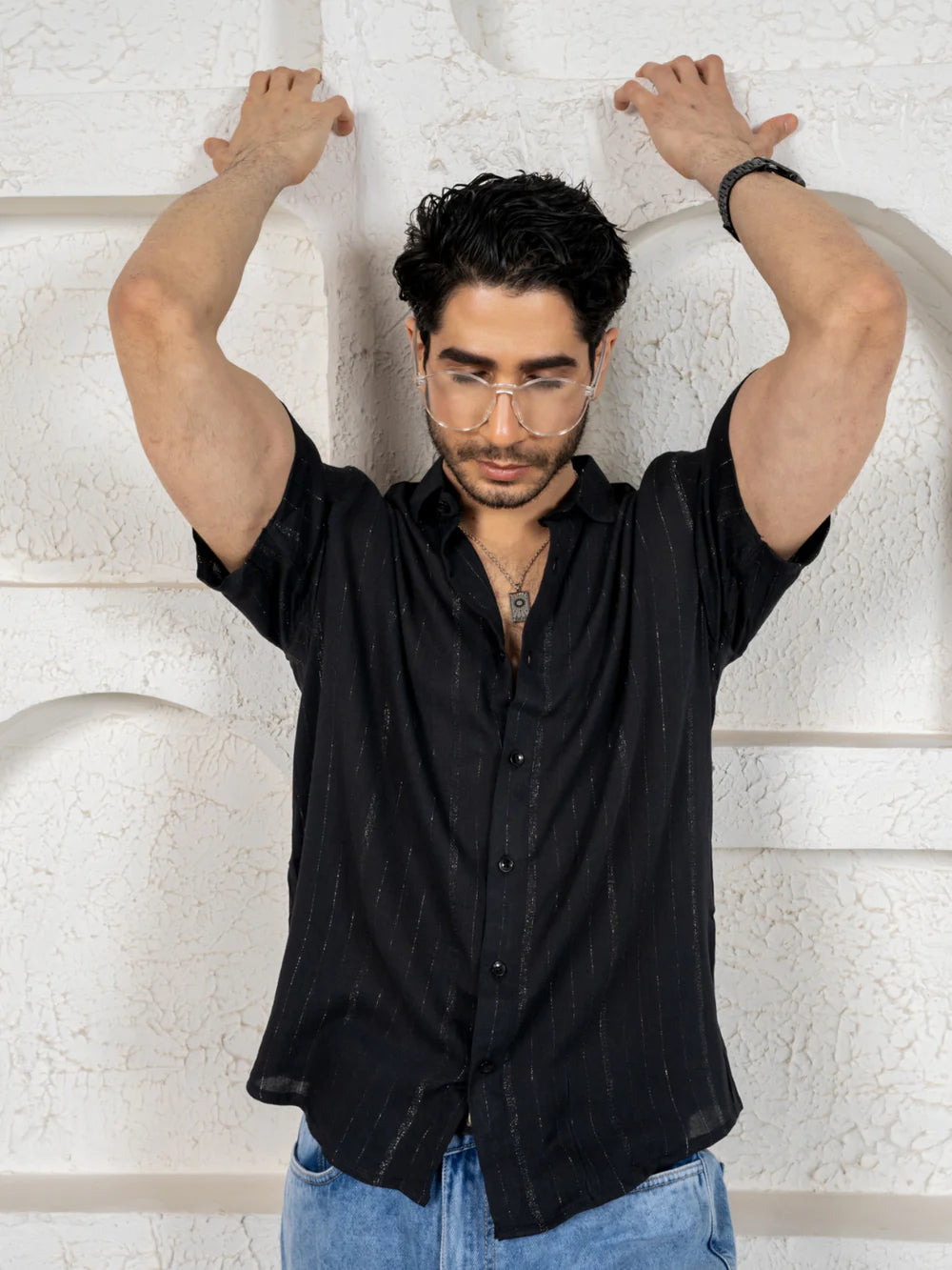 Relaxed Fit Black Silver Party Shirt in Flowing Cotton Lurex with Half Sleeves