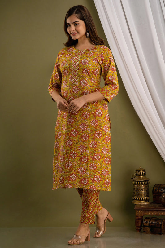 Cotton Fabric Mustard Yellow Kurta Set with Printed Work for Women