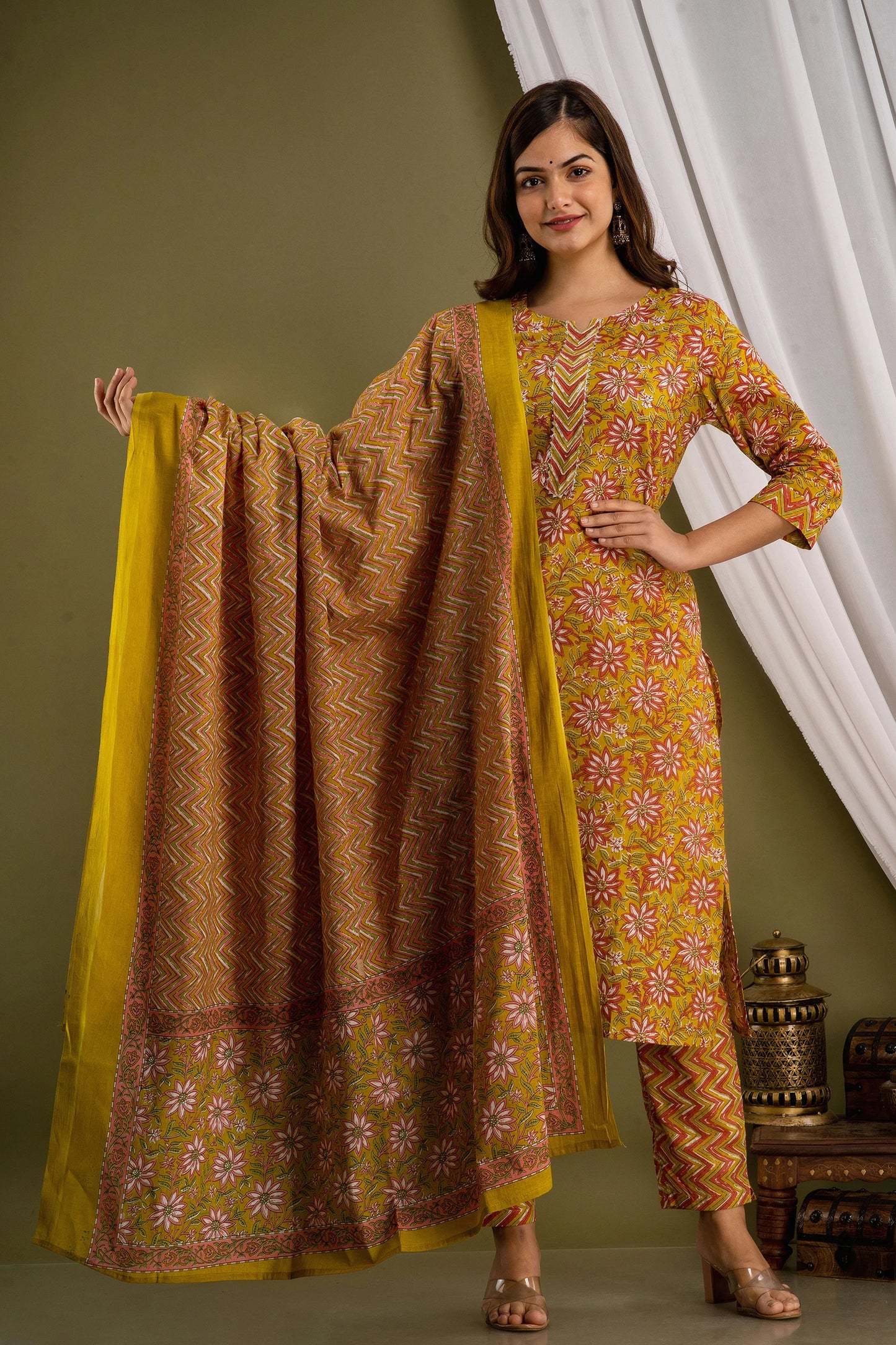 Cotton Fabric Mustard Yellow Kurta Set with Printed Work for Women