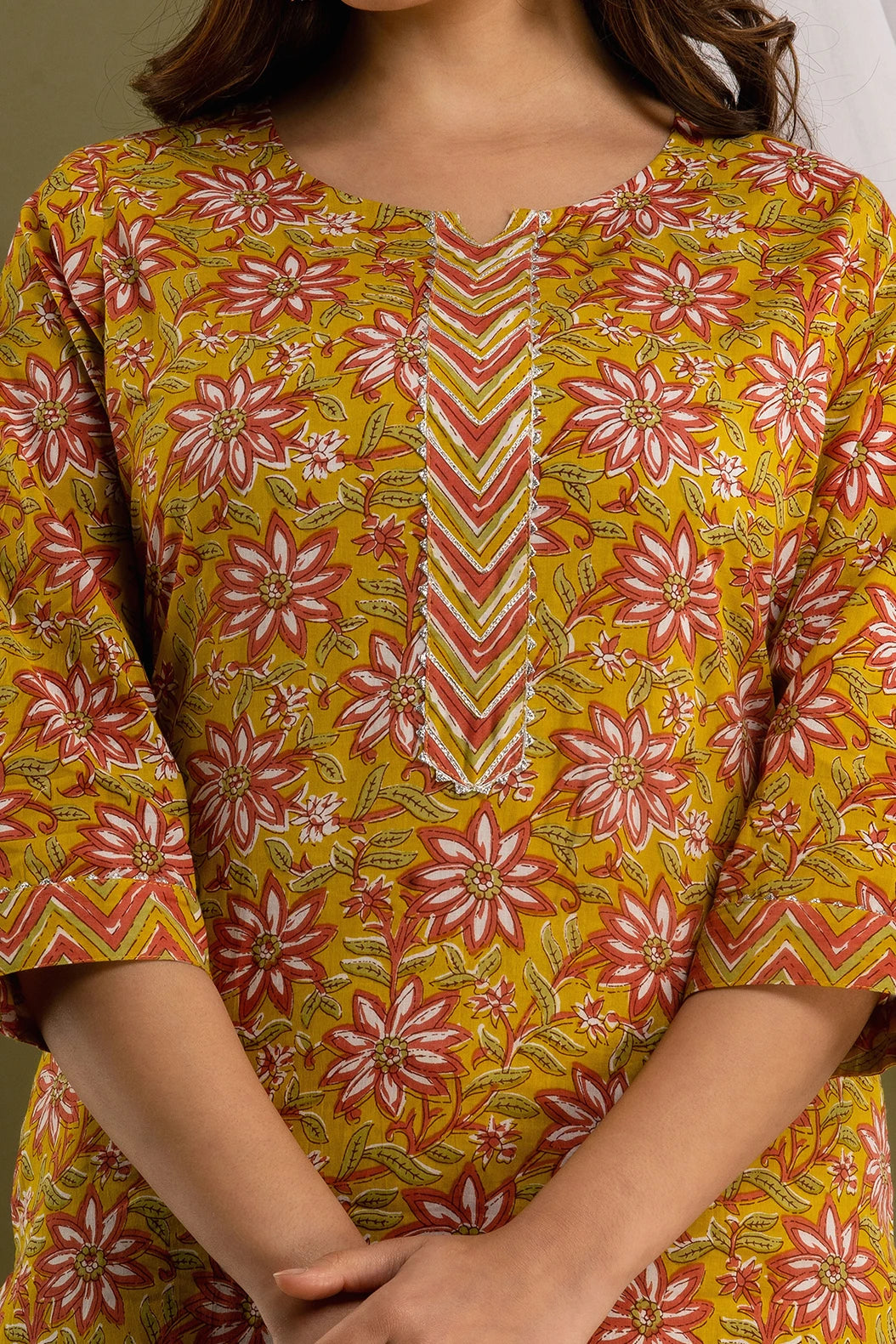 Cotton Fabric Mustard Yellow Kurta Set with Printed Work for Women